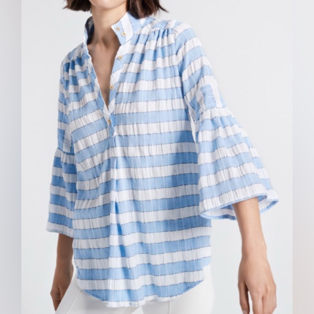 Smythe Trumpet Sleeve Tunic Blue White Stripe - size Small